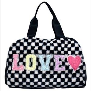 OMG large plush duffel bag with checkerboard print